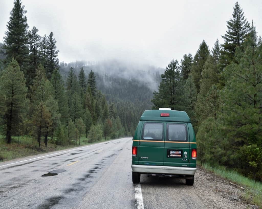 van on side of road foggy