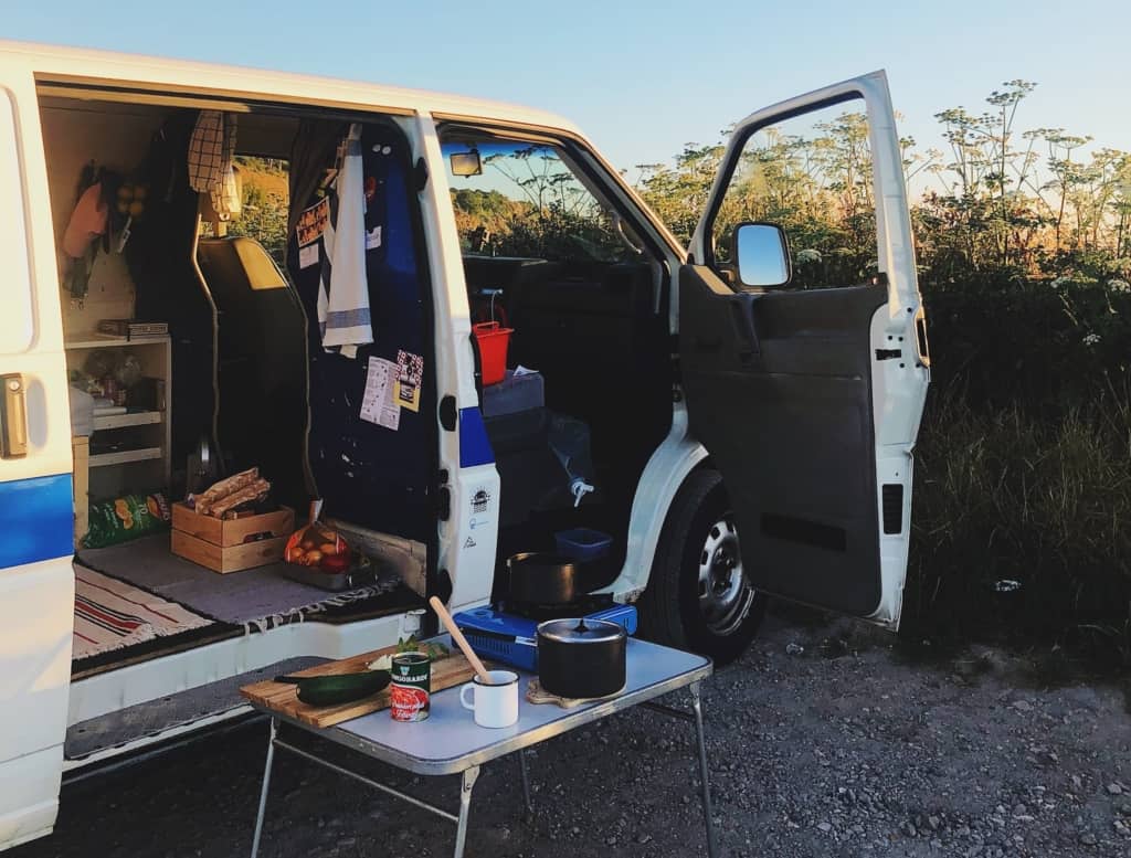 small van life cluttered