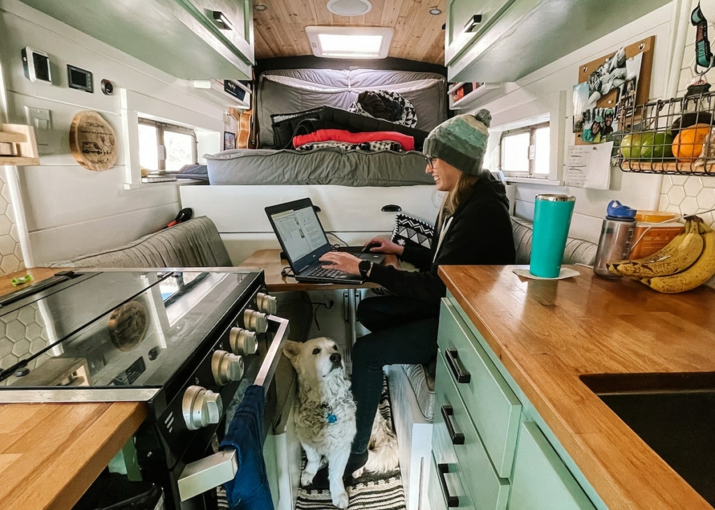 woman-in-camper-van-working-on-laptop-with-dog
